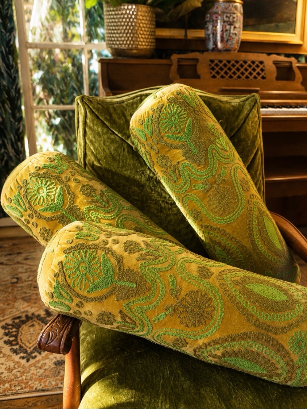 Vintage Style Embroidered Velvet Bolster Pillows